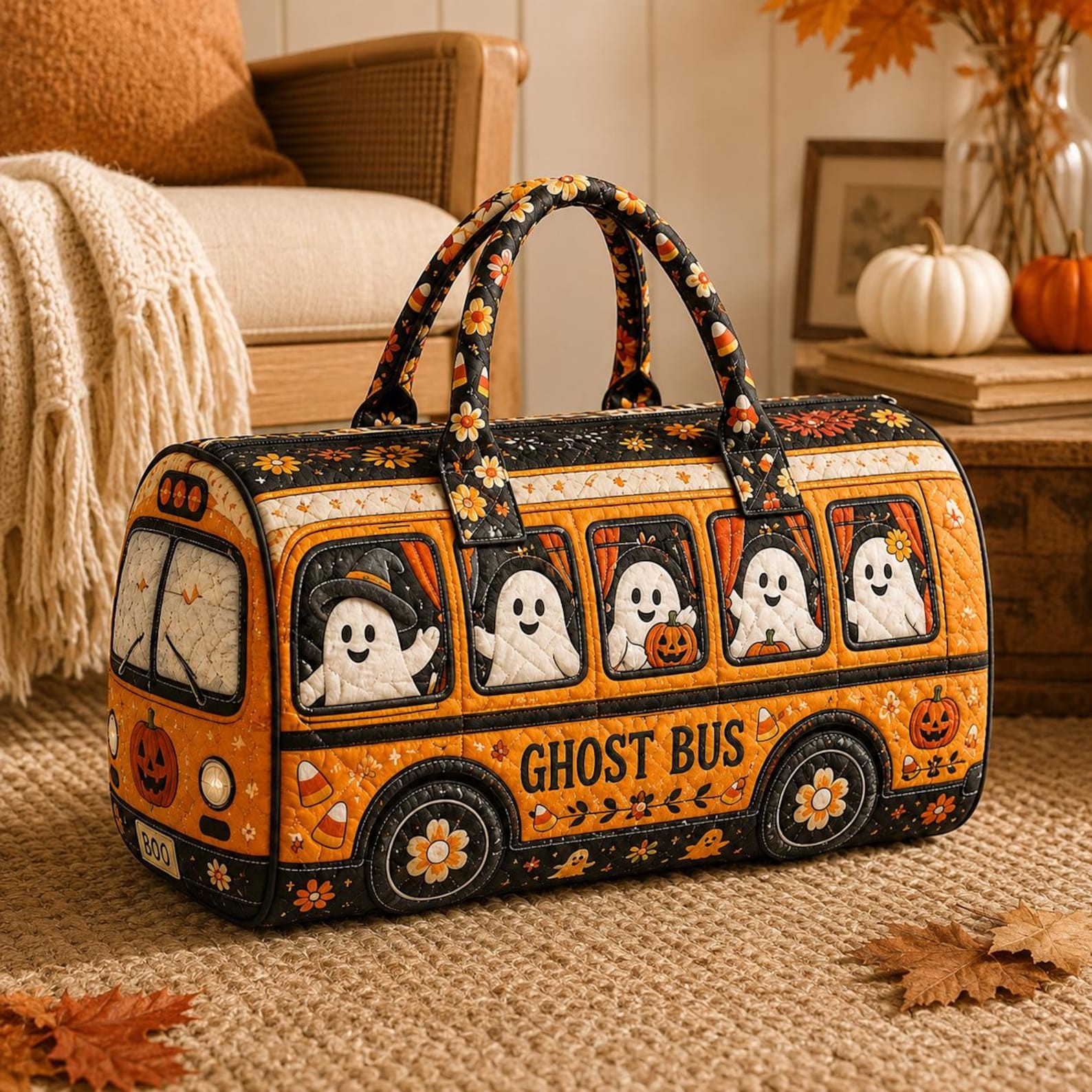 Halloween Quilted Weekender Bag Ghost Pumpkin Travel Duffel Bag Custom Name Spooky Cute Overnight Bag Halloween Gift Ideas