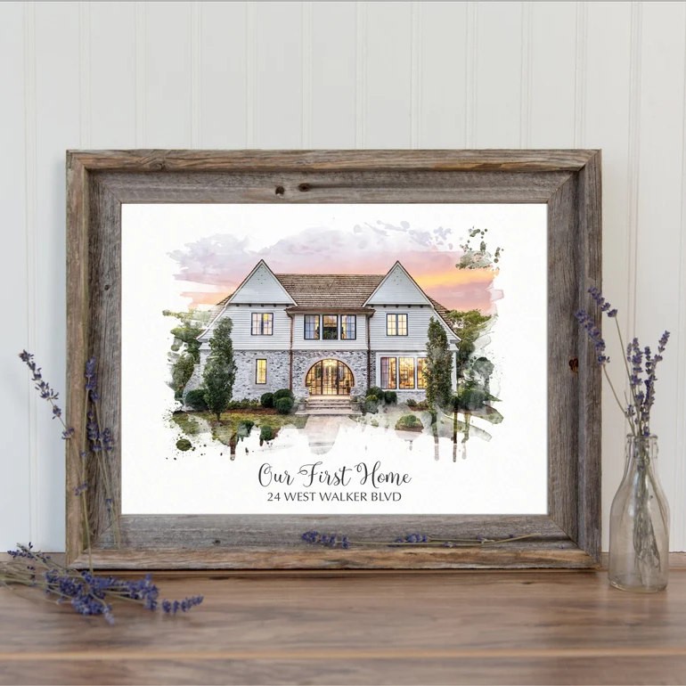Personalized Watercolor House Portrait Christmas Home Wood Sign