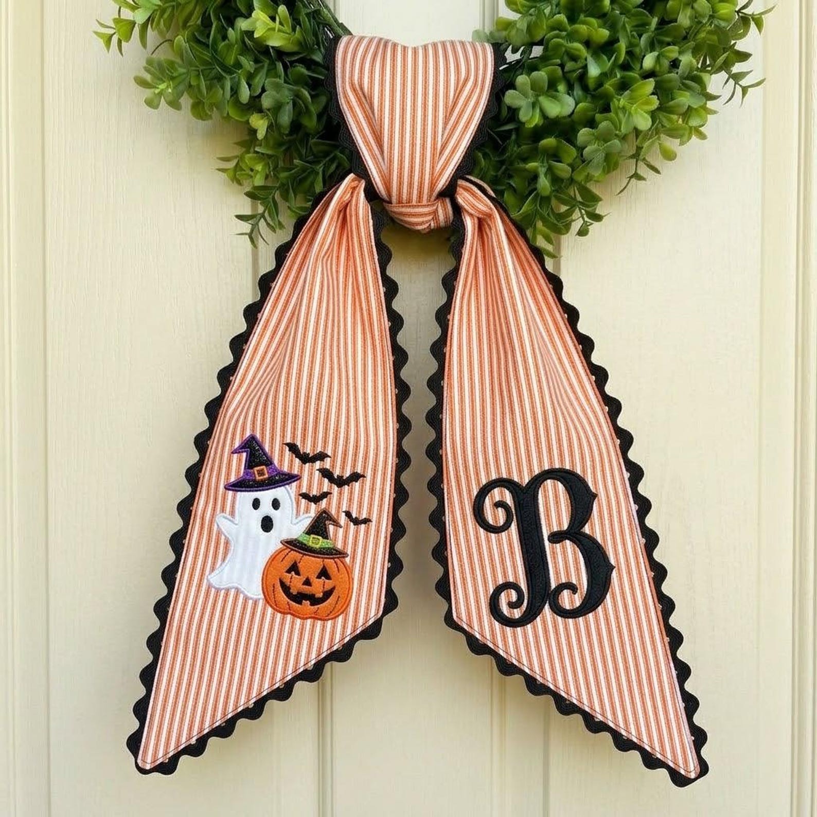 Personalized Witch Ghost Wreath Sash Embroidered Monogram Fall Halloween Front Door Decor