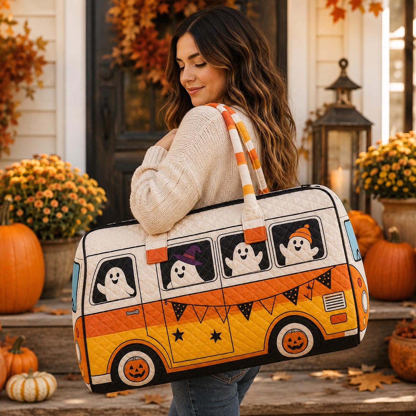 Halloween Quilted Weekender Bag Ghost Pumpkin Travel Duffel Bag Custom Name Spooky Cute Overnight Bag Halloween Gift Ideas