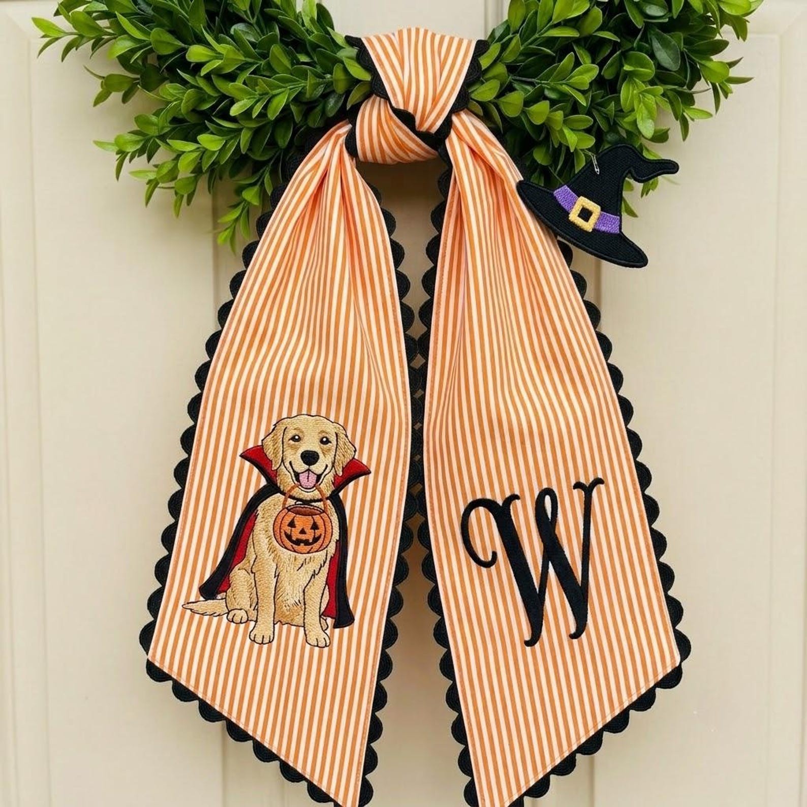 Personalized Vampire Golden Retriever Wreath Sash Embroidered Monogram Fall Halloween Front Door Decor