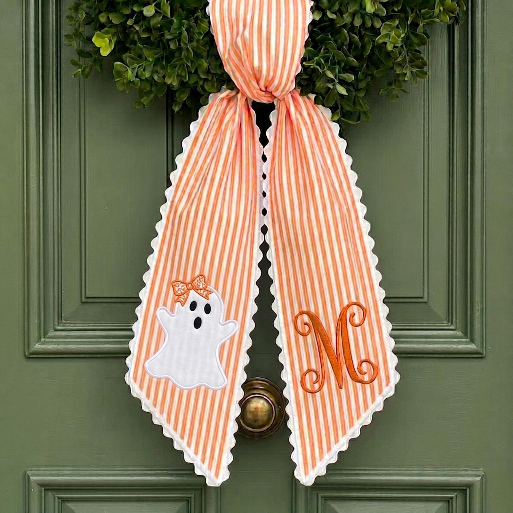 Personalized Ghost Wreath Sash Embroidered Monogram Fall Halloween Front Door Decor