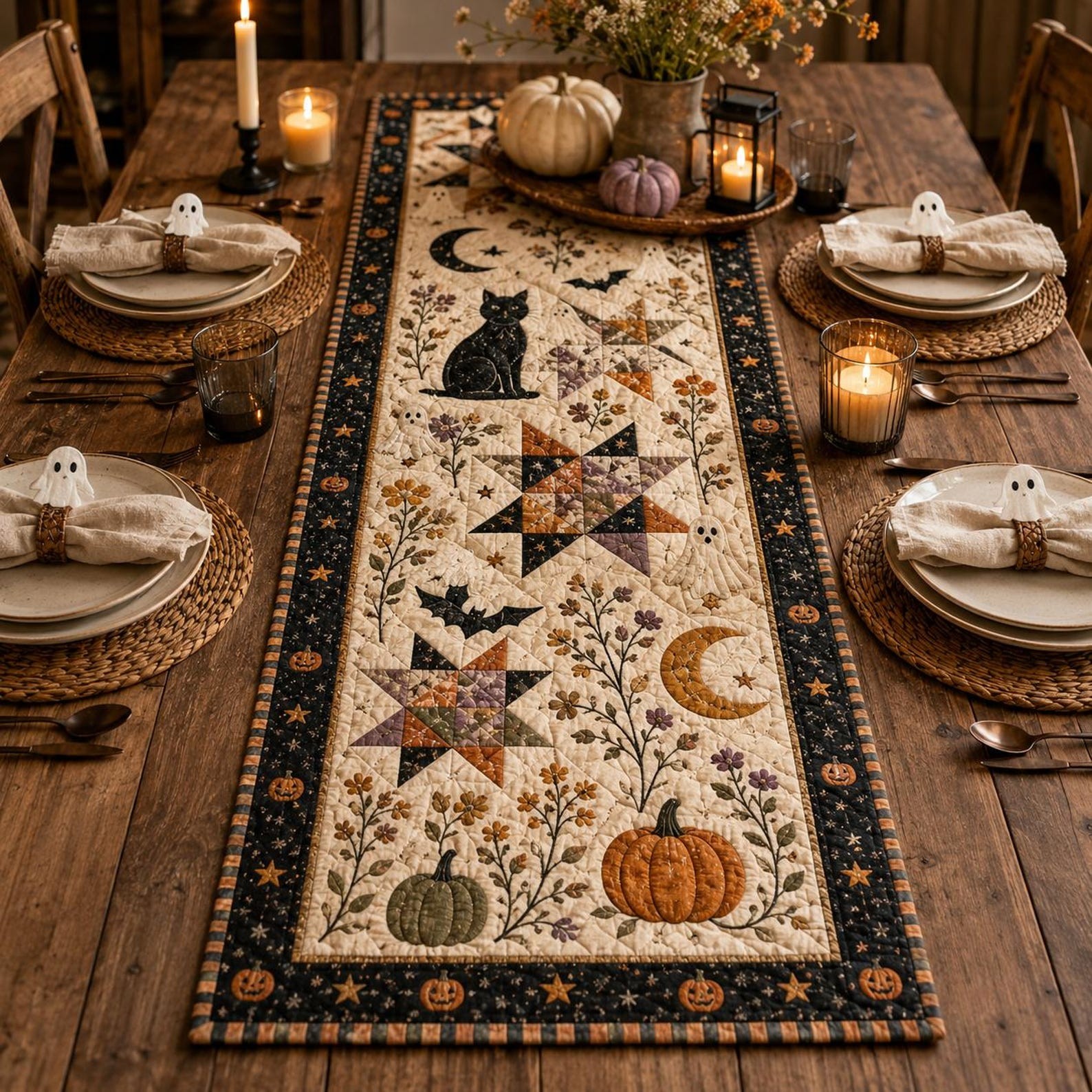 Halloween Quilted Table Runner Halloween Dining Table Decor Spooky Fall Home Decoration