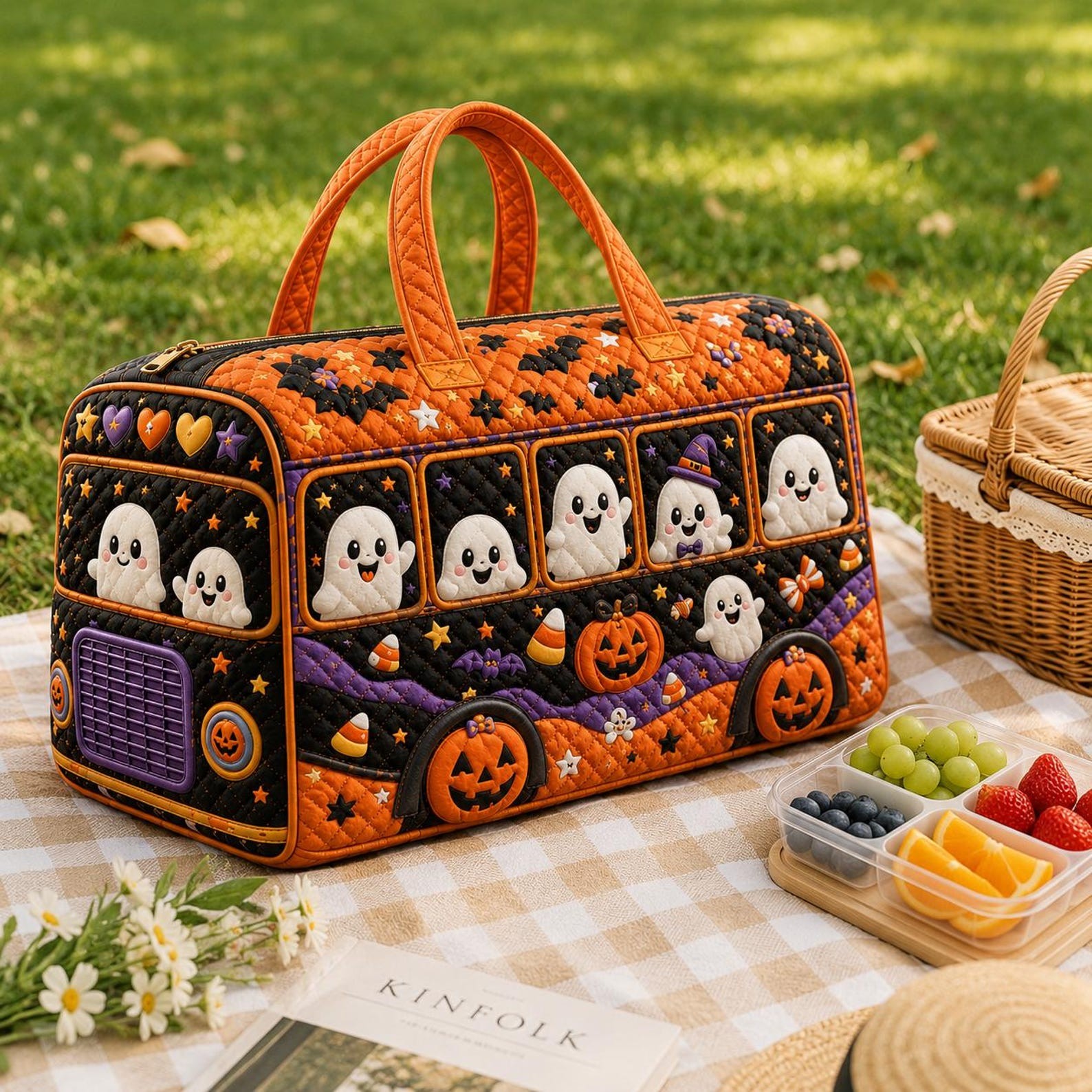 Halloween Quilted Weekender Bag Ghost Pumpkin Travel Duffel Bag Custom Name Spooky Cute Overnight Bag Halloween Gift Ideas