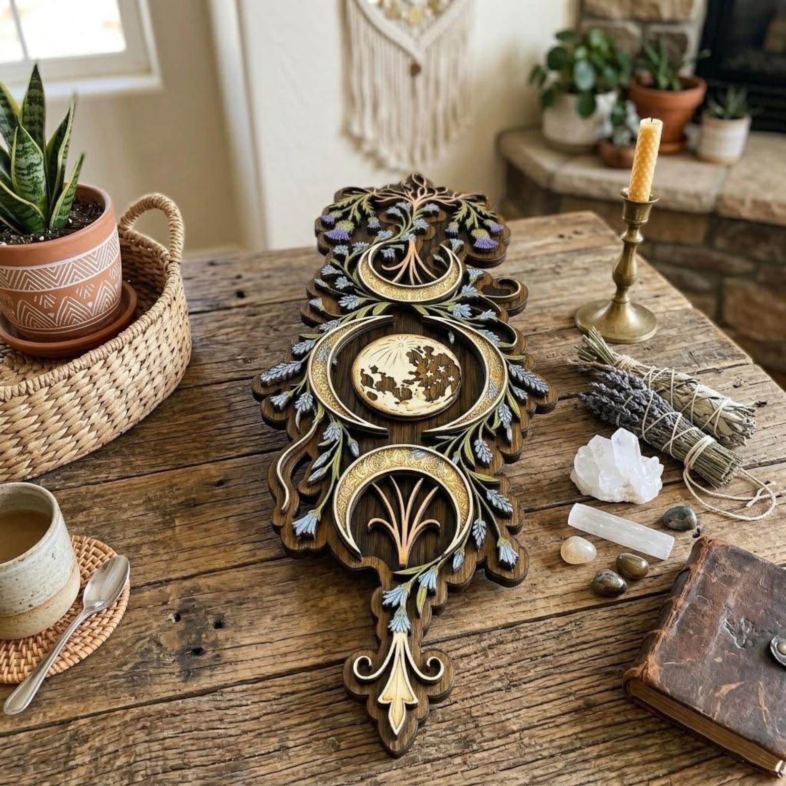Triple Moon Phase Wooden Wall Art Floral Moon Decor Christmas Gift