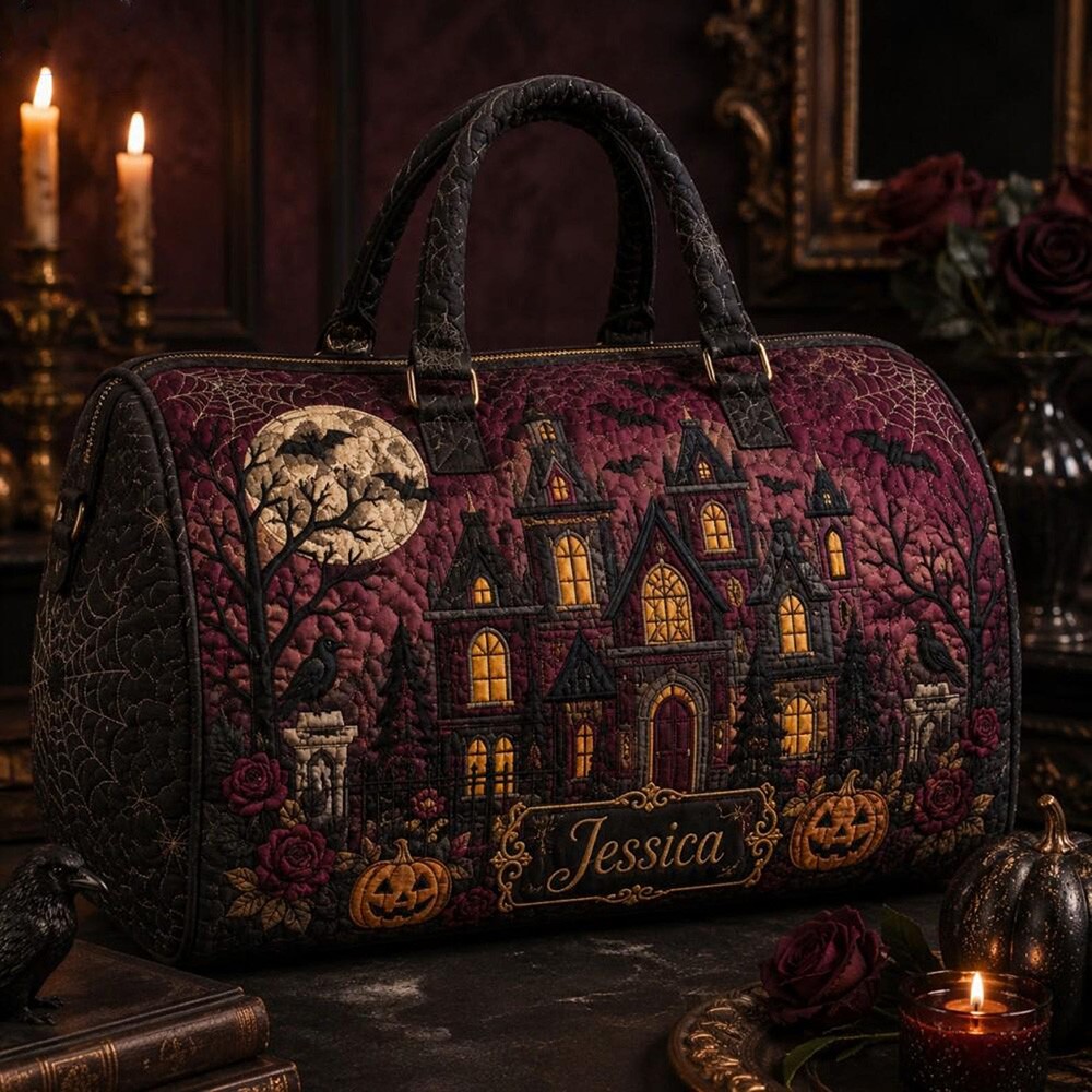 Halloween Quilted Weekender Bag Ghost Pumpkin Travel Duffel Bag Custom Name Spooky Cute Overnight Bag Halloween Gift Ideas