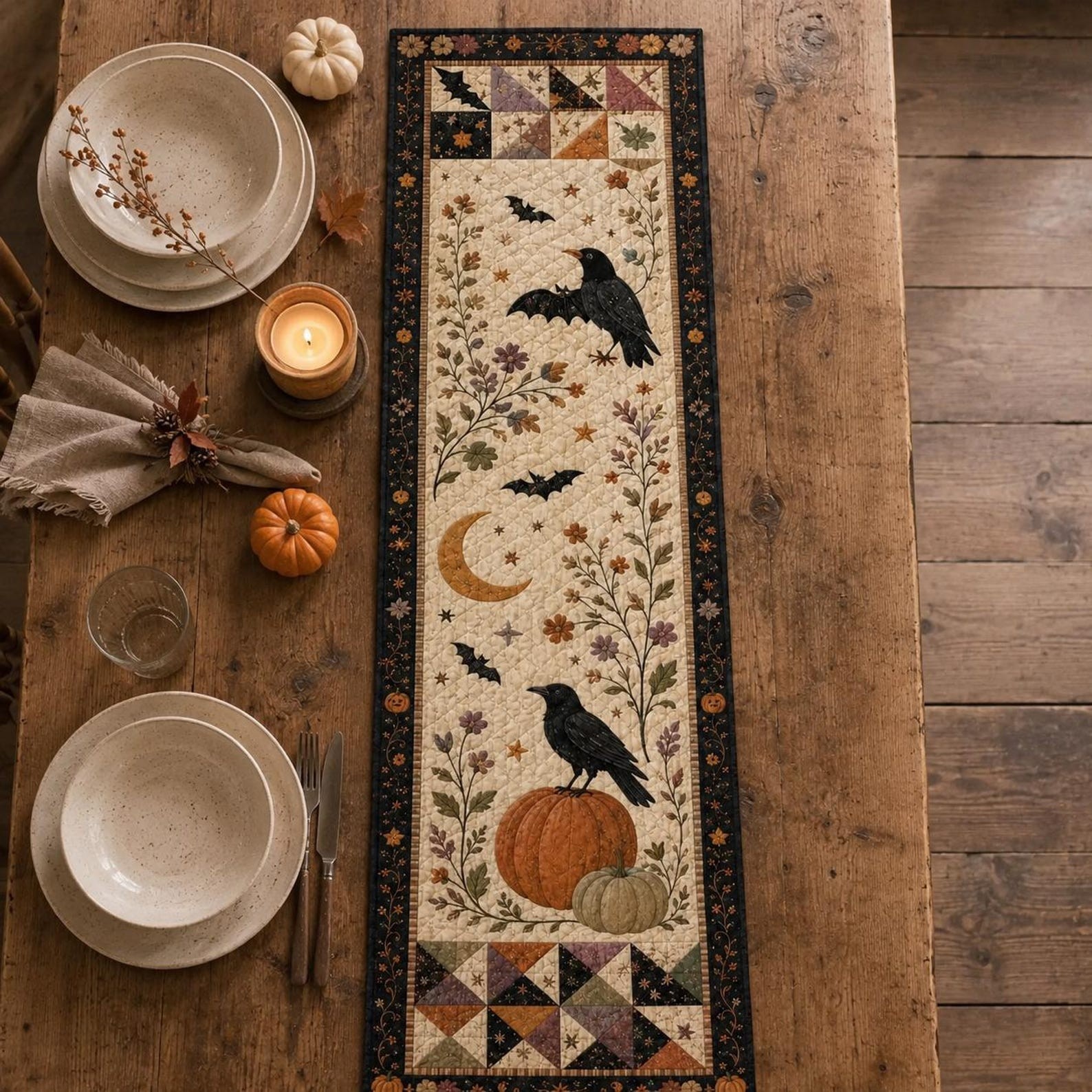 Halloween Quilted Table Runner Halloween Dining Table Decor Spooky Fall Home Decoration