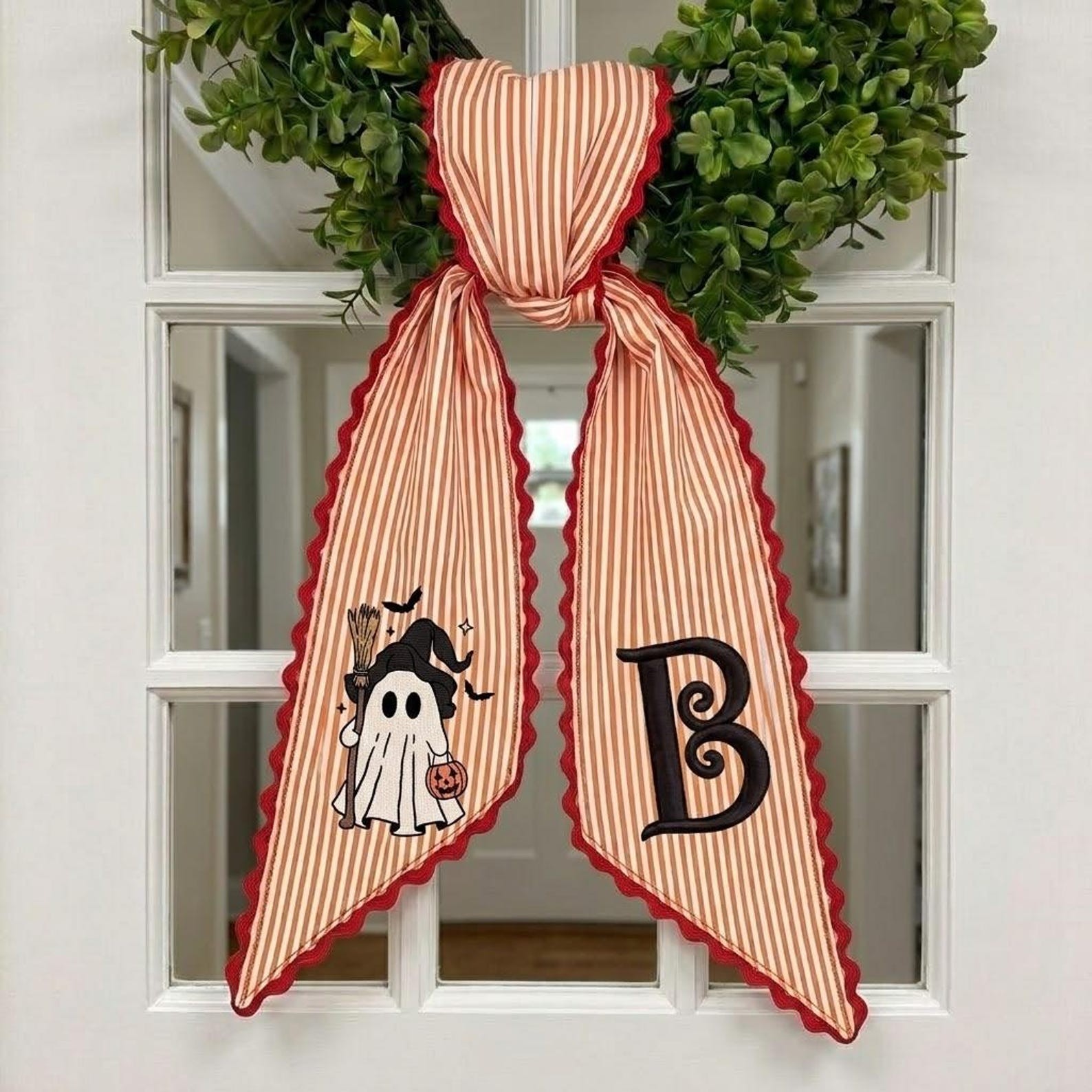 Personalized Witch Ghost Wreath Sash Embroidered Monogram Fall Halloween Front Door Decor