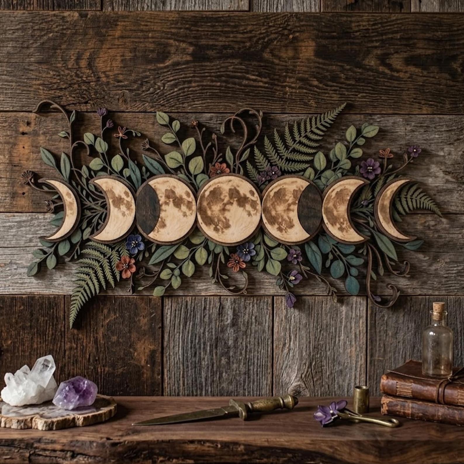 Moon Phase Wooden Wall Hanging Floral Moon Decor Christmas Gift