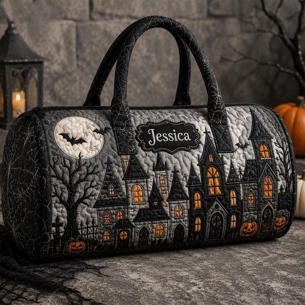 Halloween Quilted Weekender Bag Ghost Pumpkin Travel Duffel Bag Custom Name Spooky Cute Overnight Bag Halloween Gift Ideas