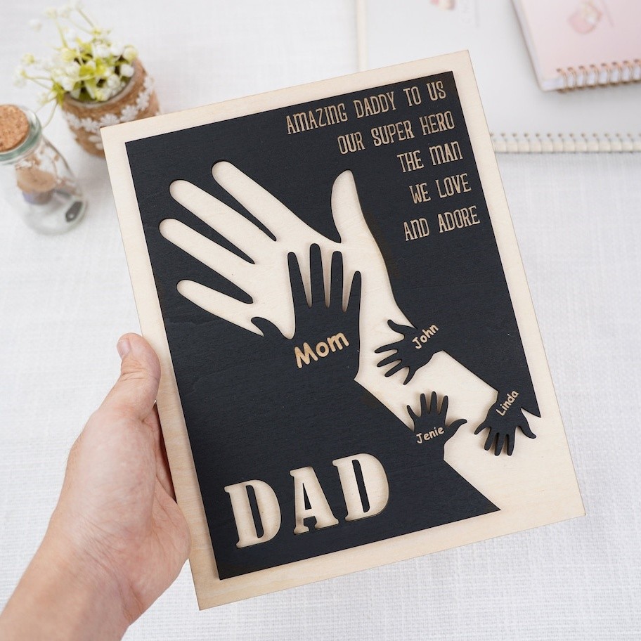Personalized Dad Handprint Wood Sign With Kids Name For Father's Day Gift