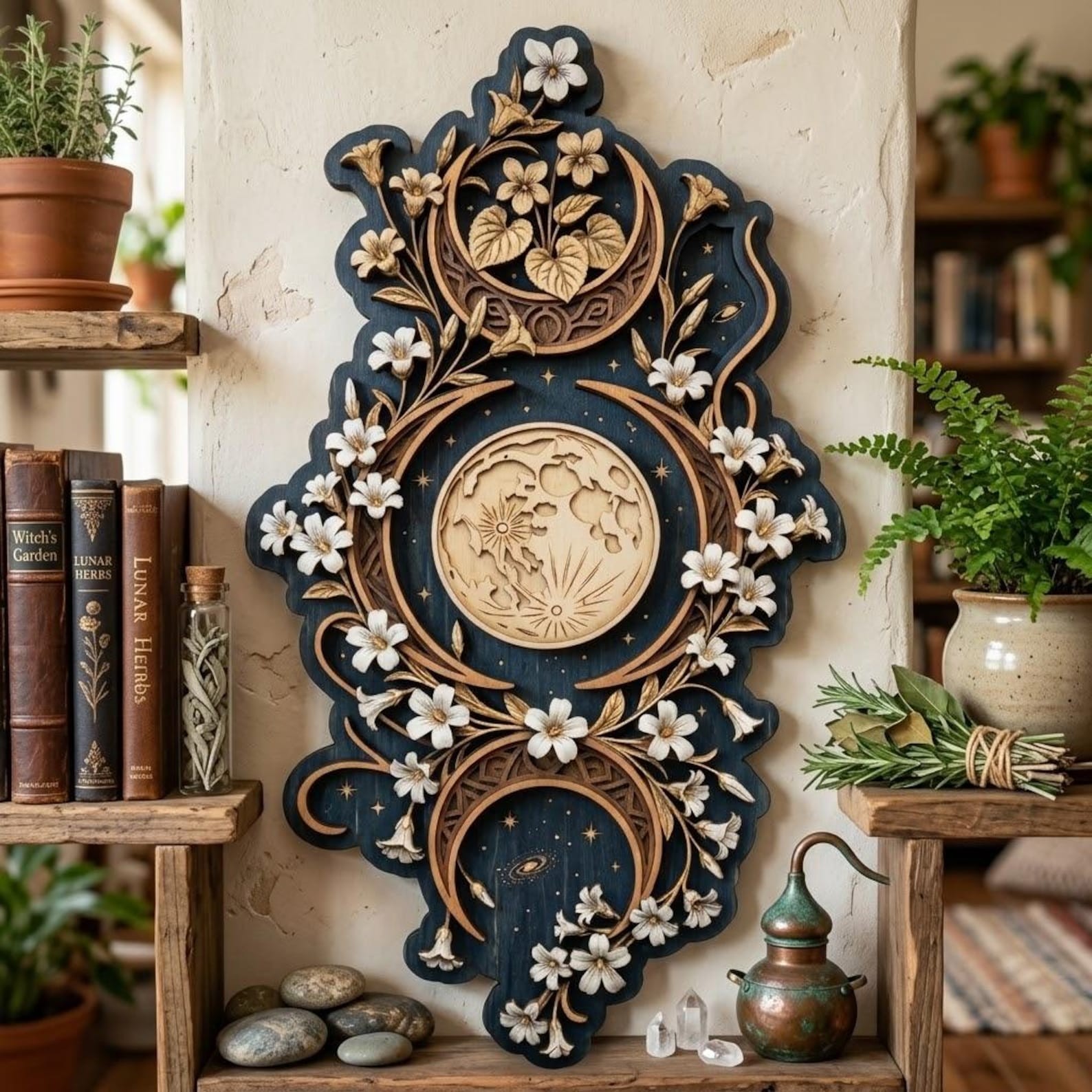 Vertical Triple Moon Phase Floral Wooden Wall Art Christmas Gift