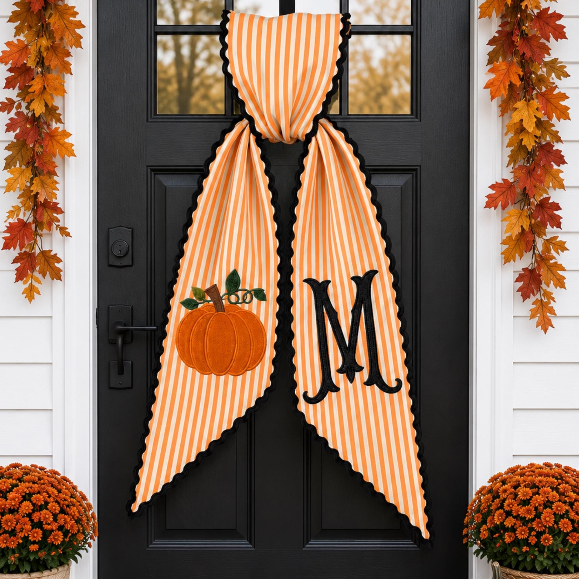 Personalized Pumpkin Wreath Sash Embroidered Monogram Fall Halloween Front Door Decor