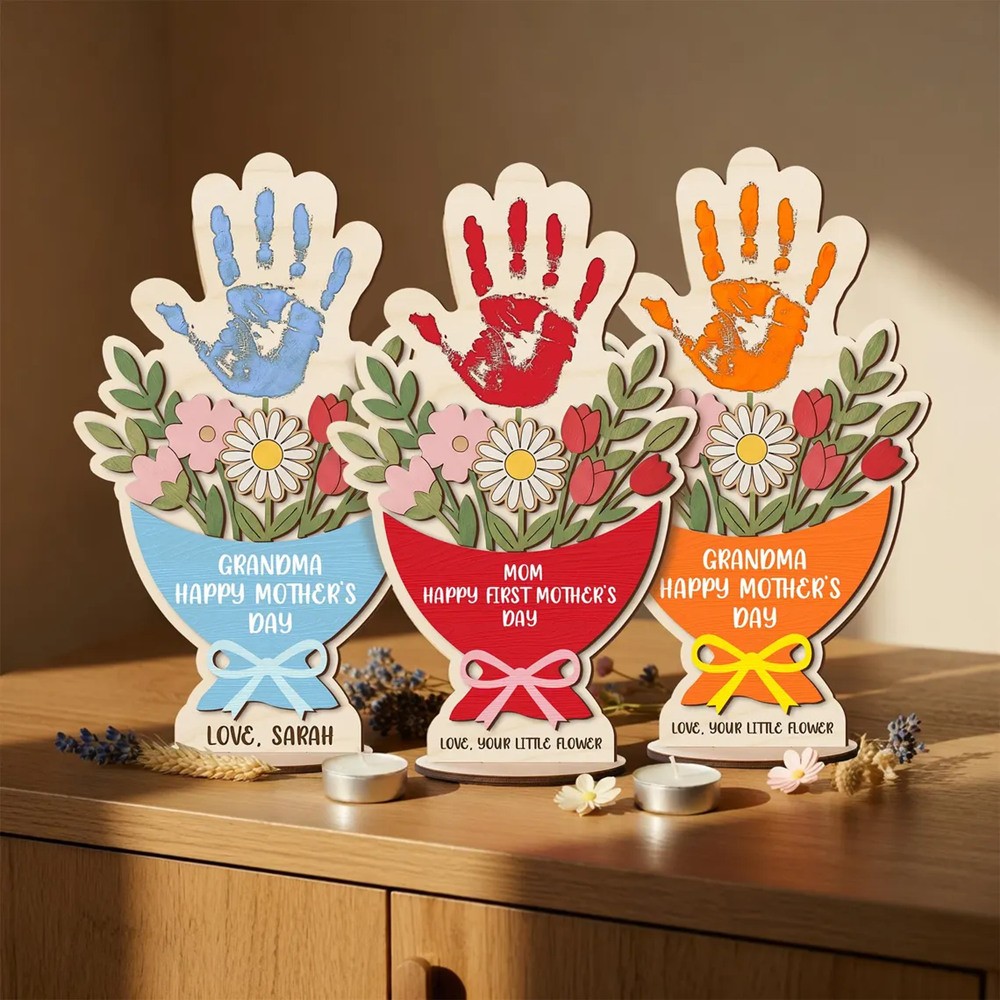 Personalized Mother's Day Flower Handprint Sign With Kids Name for Mom or Grandma Mothers Day Gift