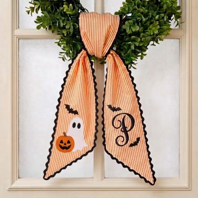 Personalized Ghost with Bat Wreath Sash Embroidered Monogram Fall Halloween Front Door Decor