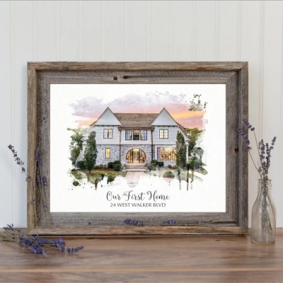 Personalized Watercolor House Portrait Christmas Home Wood Sign