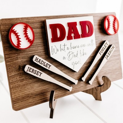 Personalized Baseball Dad Sports Wood Sign With Kids Name For Father's Day Gift