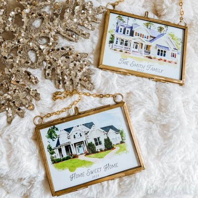 Custom Hand Painted Watercolor House Portrait Christmas Ornament