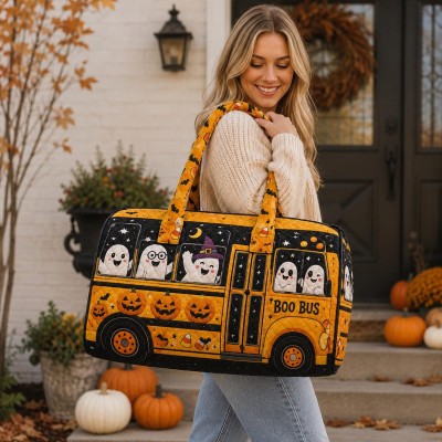 Halloween Quilted Weekender Bag Ghost Pumpkin Travel Duffel Bag Custom Name Spooky Cute Overnight Bag Halloween Gift Ideas