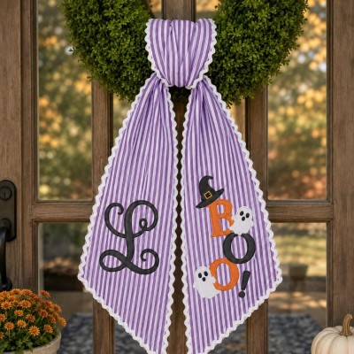 Personalized Boo Wreath Sash Embroidered Monogram Fall Halloween Front Door Decor