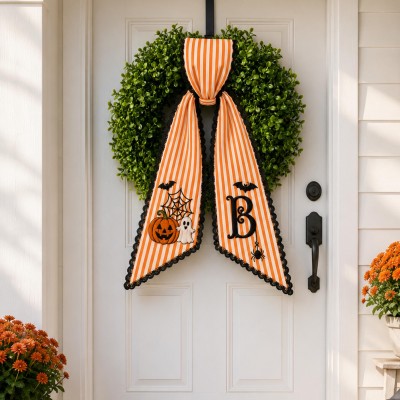 Personalized Ghost Pumpkin Wreath Sash Embroidered Monogram Fall Halloween Front Door Decor