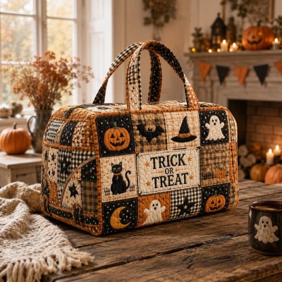 Halloween Quilted Weekender Bag Ghost Pumpkin Travel Duffel Bag Custom Name Spooky Cute Overnight Bag Halloween Gift Ideas