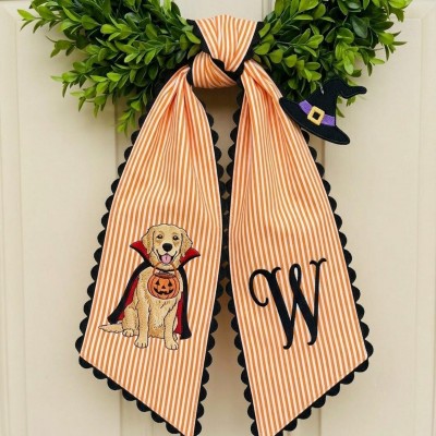 Personalized Vampire Golden Retriever Wreath Sash Embroidered Monogram Fall Halloween Front Door Decor