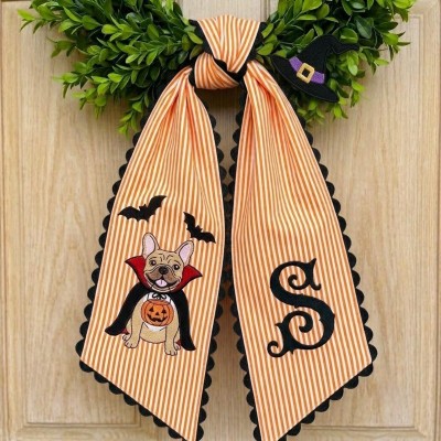 Personalized French Bulldog Wreath Sash Embroidered Monogram Fall Halloween Front Door Decor
