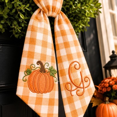 Personalized Pumpkin Wreath Sash Embroidered Monogram Fall Halloween Front Door Decor