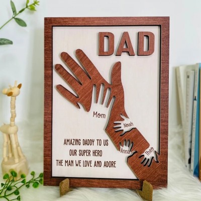 Personalized Dad Handprint Wood Sign With Kids Name For Father's Day Gift