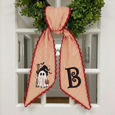 Personalized Witch Ghost Wreath Sash Embroidered Monogram Fall Halloween Front Door Decor