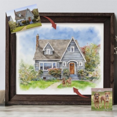 Personalized Watercolor House Portrait Christmas Home Wood Sign