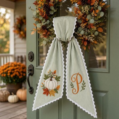 Personalized Pumpkin Wreath Sash Embroidered Monogram Fall Halloween Front Door Decor