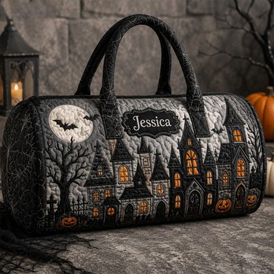 Halloween Quilted Weekender Bag Ghost Pumpkin Travel Duffel Bag Custom Name Spooky Cute Overnight Bag Halloween Gift Ideas
