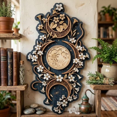 Vertical Triple Moon Phase Floral Wooden Wall Art Christmas Gift