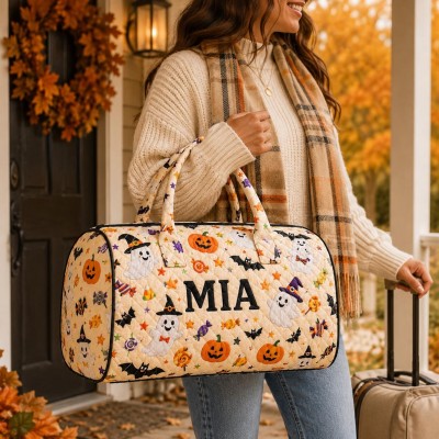 Halloween Quilted Weekender Bag Ghost Pumpkin Travel Duffel Bag Custom Name Spooky Cute Overnight Bag Halloween Gift Ideas