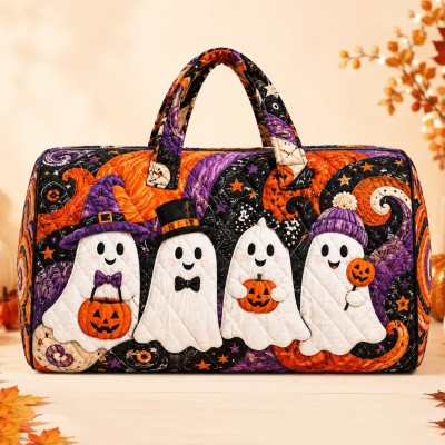 Halloween Quilted Weekender Bag Ghost Pumpkin Travel Duffel Bag Custom Name Spooky Cute Overnight Bag Halloween Gift Ideas