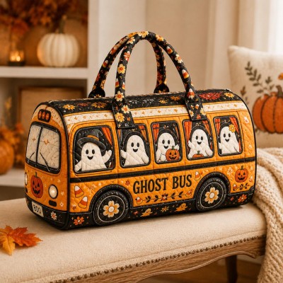 Halloween Quilted Weekender Bag Ghost Pumpkin Travel Duffel Bag Custom Name Spooky Cute Overnight Bag Halloween Gift Ideas