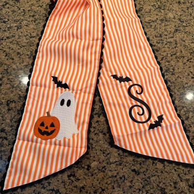 Personalized Ghost with Bat Wreath Sash Embroidered Monogram Fall Halloween Front Door Decor