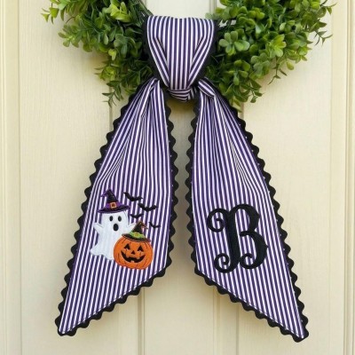 Personalized Witch Ghost Wreath Sash Embroidered Monogram Fall Halloween Front Door Decor