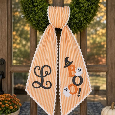 Personalized Boo Wreath Sash Embroidered Monogram Fall Halloween Front Door Decor