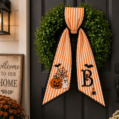 Personalized Ghost Pumpkin Wreath Sash Embroidered Monogram Fall Halloween Front Door Decor