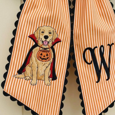 Personalized Vampire Golden Retriever Wreath Sash Embroidered Monogram Fall Halloween Front Door Decor