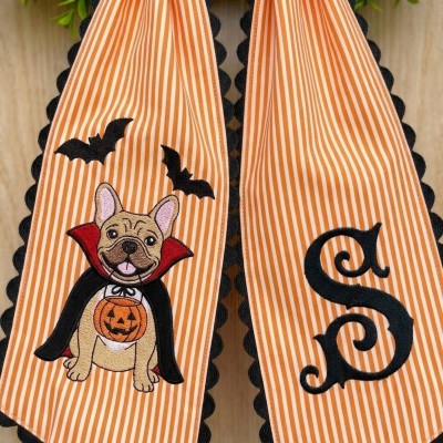 Personalized French Bulldog Wreath Sash Embroidered Monogram Fall Halloween Front Door Decor