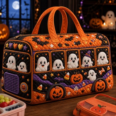 Halloween Quilted Weekender Bag Ghost Pumpkin Travel Duffel Bag Custom Name Spooky Cute Overnight Bag Halloween Gift Ideas