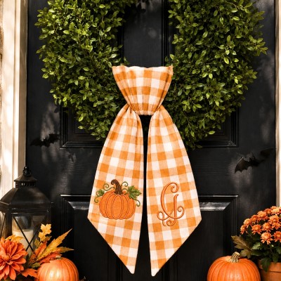 Personalized Pumpkin Wreath Sash Embroidered Monogram Fall Halloween Front Door Decor