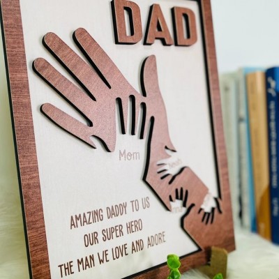 Personalized Dad Handprint Wood Sign With Kids Name For Father's Day Gift