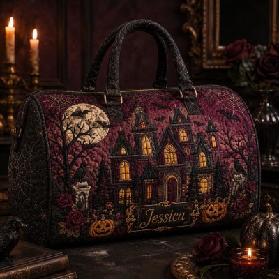 Halloween Quilted Weekender Bag Ghost Pumpkin Travel Duffel Bag Custom Name Spooky Cute Overnight Bag Halloween Gift Ideas