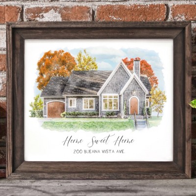 Personalized Watercolor House Portrait Christmas Home Wood Sign