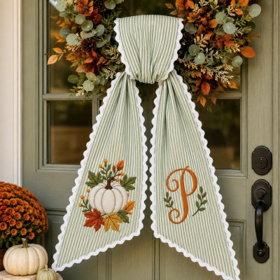 Personalized Pumpkin Wreath Sash Embroidered Monogram Fall Halloween Front Door Decor